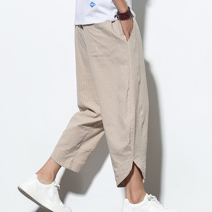 Buddha Stones Sommer-Streifenmuster, Kordelzug, Baumwolle und Leinen, Herren-Haremshose in der Länge 7–8 mit Taschen - image 2