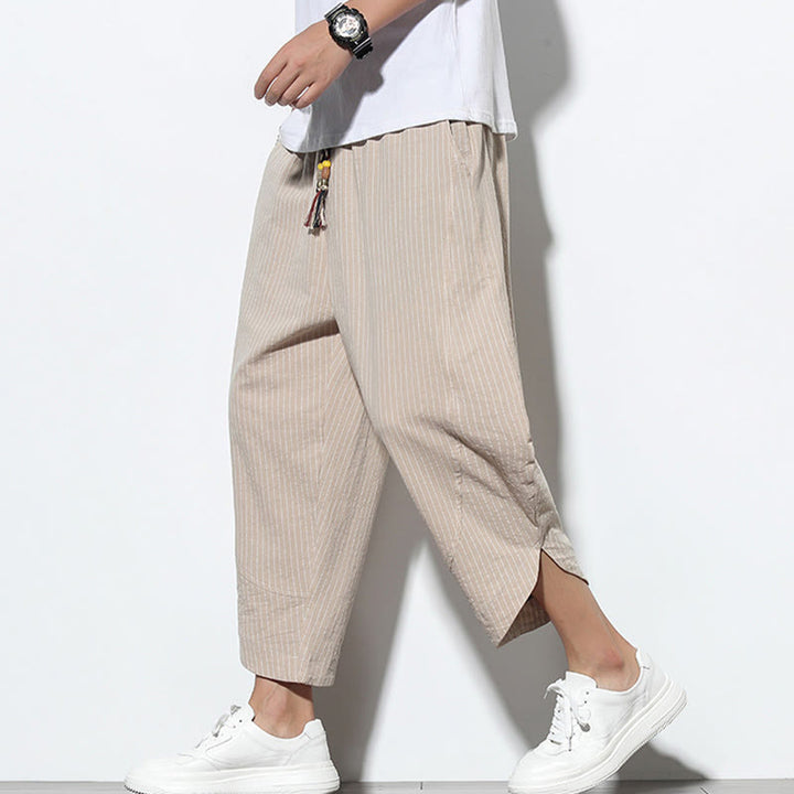 Buddha Stones Sommer-Streifenmuster, Kordelzug, Baumwolle und Leinen, Herren-Haremshose in der Länge 7–8 mit Taschen - image 1