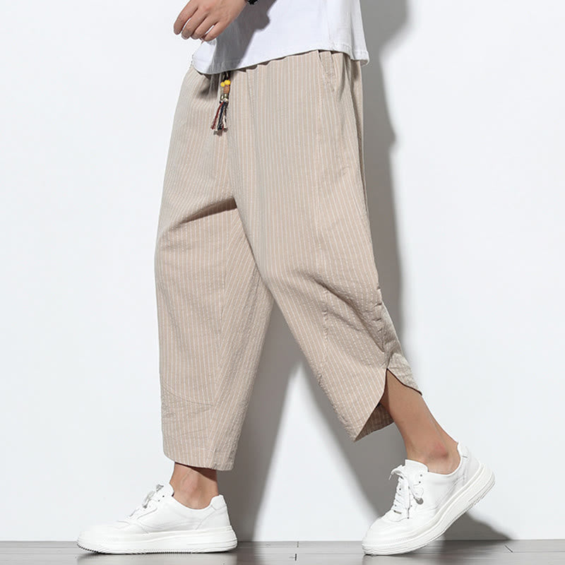 Buddha Stones Sommer-Streifenmuster, Kordelzug, Baumwolle und Leinen, Herren-Haremshose in der Länge 7–8 mit Taschen - image 3