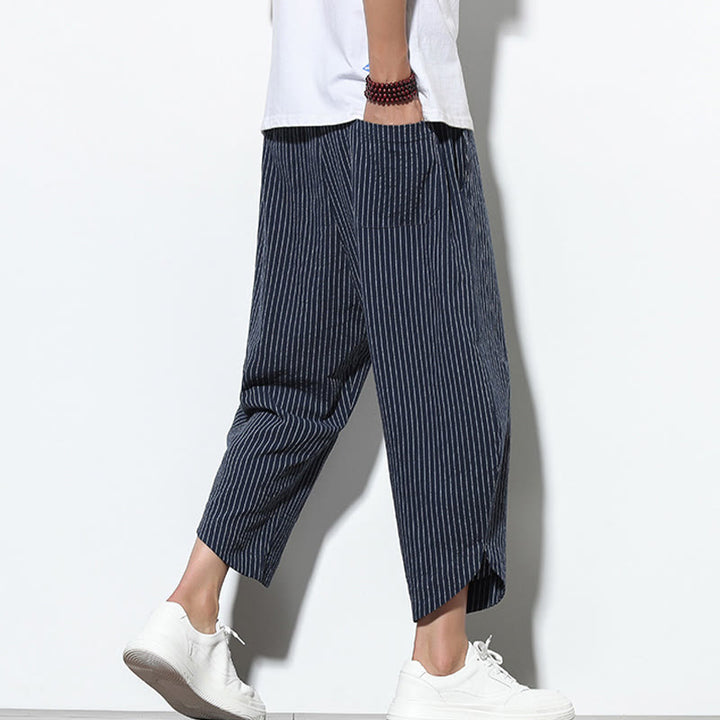 Buddha Stones Sommer-Streifenmuster, Kordelzug, Baumwolle und Leinen, Herren-Haremshose in der Länge 7–8 mit Taschen - image 37