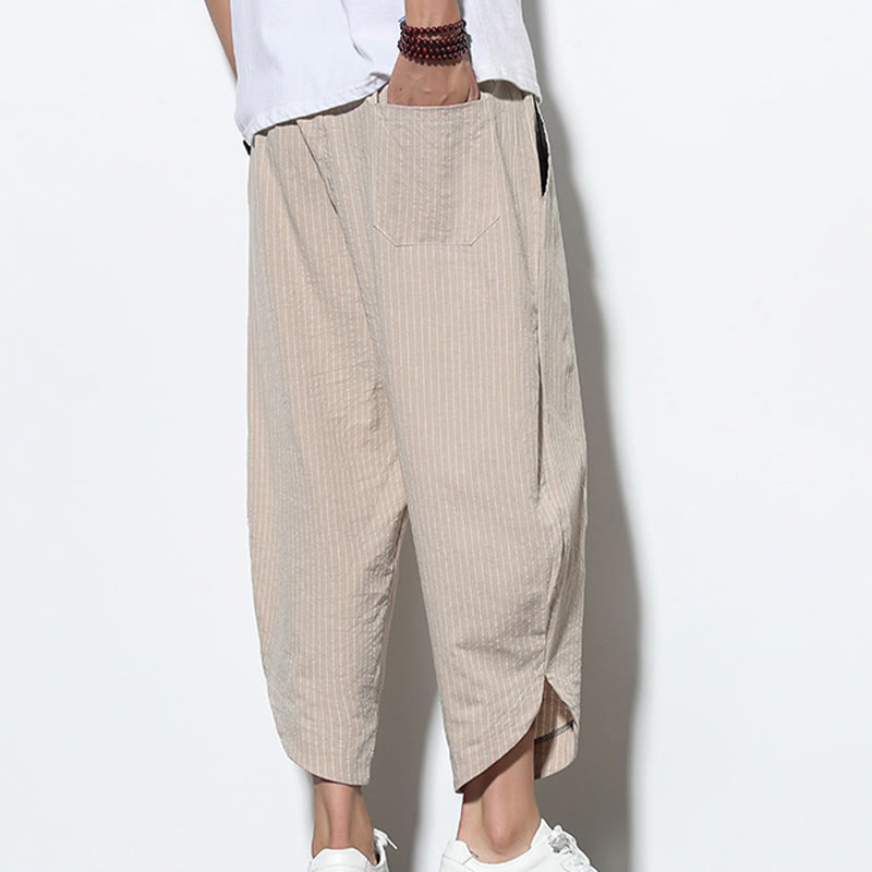 Buddha Stones Sommer-Streifenmuster, Kordelzug, Baumwolle und Leinen, Herren-Haremshose in der Länge 7–8 mit Taschen - image 8