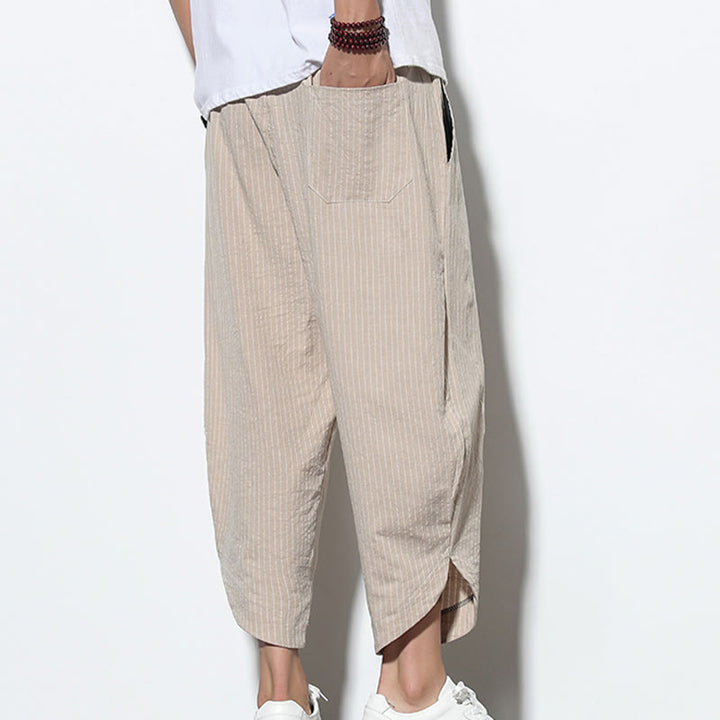 Buddha Stones Sommer-Streifenmuster, Kordelzug, Baumwolle und Leinen, Herren-Haremshose in der Länge 7–8 mit Taschen - image 8