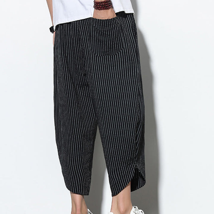 Buddha Stones Sommer-Streifenmuster, Kordelzug, Baumwolle und Leinen, Herren-Haremshose in der Länge 7–8 mit Taschen - image 14
