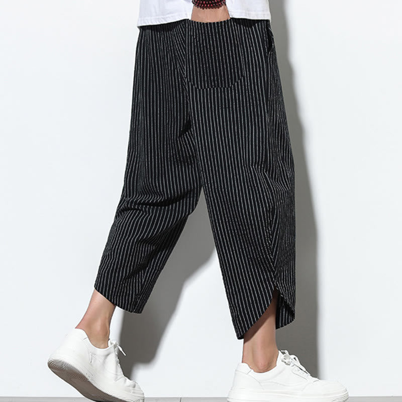 Buddha Stones Sommer-Streifenmuster, Kordelzug, Baumwolle und Leinen, Herren-Haremshose in der Länge 7–8 mit Taschen - image 11