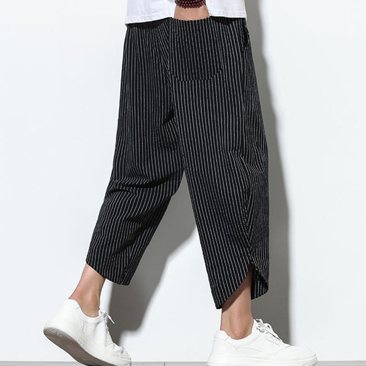 Buddha Stones Sommer-Streifenmuster, Kordelzug, Baumwolle und Leinen, Herren-Haremshose in der Länge 7–8 mit Taschen - image 11