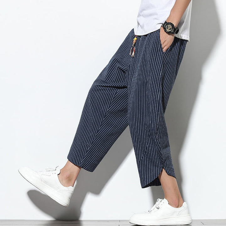 Buddha Stones Sommer-Streifenmuster, Kordelzug, Baumwolle und Leinen, Herren-Haremshose in der Länge 7–8 mit Taschen - image 36