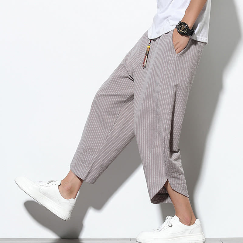 Buddha Stones Sommer-Streifenmuster, Kordelzug, Baumwolle und Leinen, Herren-Haremshose in der Länge 7–8 mit Taschen - image 30