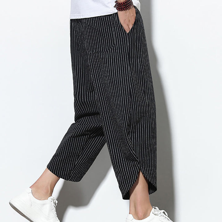 Buddha Stones Sommer-Streifenmuster, Kordelzug, Baumwolle und Leinen, Herren-Haremshose in der Länge 7–8 mit Taschen - image 15