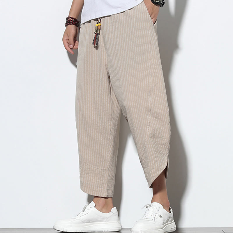 Buddha Stones Sommer-Streifenmuster, Kordelzug, Baumwolle und Leinen, Herren-Haremshose in der Länge 7–8 mit Taschen - image 6