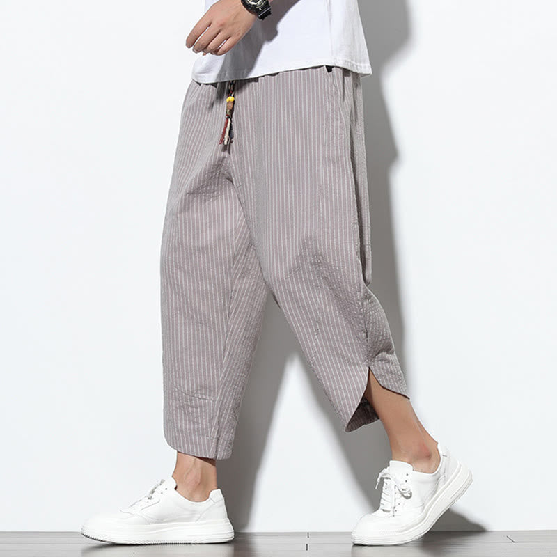 Buddha Stones Sommer-Streifenmuster, Kordelzug, Baumwolle und Leinen, Herren-Haremshose in der Länge 7–8 mit Taschen - Dunkelgrau - US/ UK/AU46, EU56 (5XL) - image 22