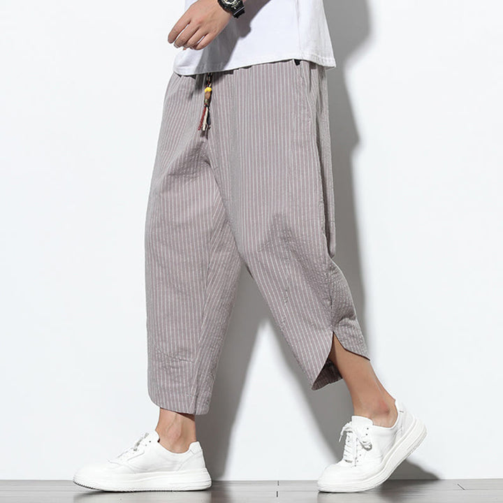 Buddha Stones Sommer-Streifenmuster, Kordelzug, Baumwolle und Leinen, Herren-Haremshose in der Länge 7–8 mit Taschen - Dunkelgrau - US/ UK/AU46, EU56 (5XL) - image 22