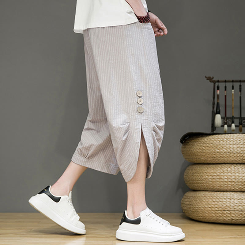 Buddha Stones Lässige Haremshose aus Baumwolle mit weißem Streifenmuster, Kordelzug und Knopfdesign für Herren mit Taschen - Hellgrau - US/ UK/AU46, EU56 (5XL) - image 0