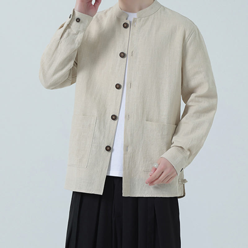 Buddha Stones Herren-Jacke mit Knopf, Ramie-Leinen, Baumwollfleece, gefüttert, mit Taschen - image 9