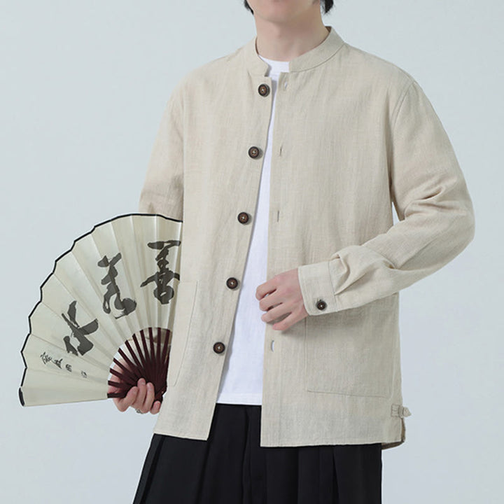 Buddha Stones Herren-Jacke mit Knopf, Ramie-Leinen, Baumwollfleece, gefüttert, mit Taschen - Leinen - US/ UK/AU46，EU56 (5XL) - image 7
