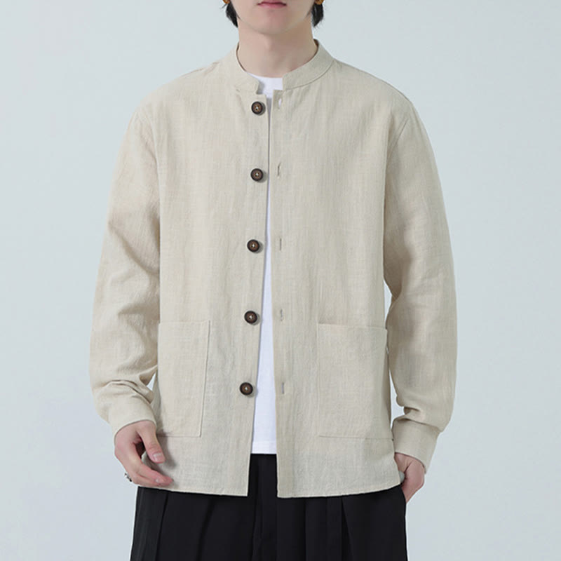 Buddha Stones Herren-Jacke mit Knopf, Ramie-Leinen, Baumwollfleece, gefüttert, mit Taschen - image 10