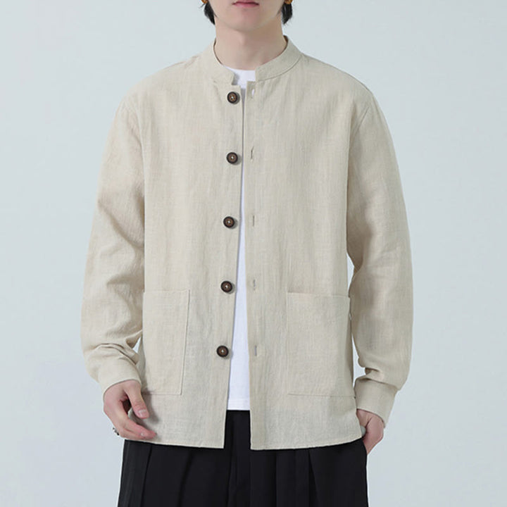 Buddha Stones Herren-Jacke mit Knopf, Ramie-Leinen, Baumwollfleece, gefüttert, mit Taschen - image 10