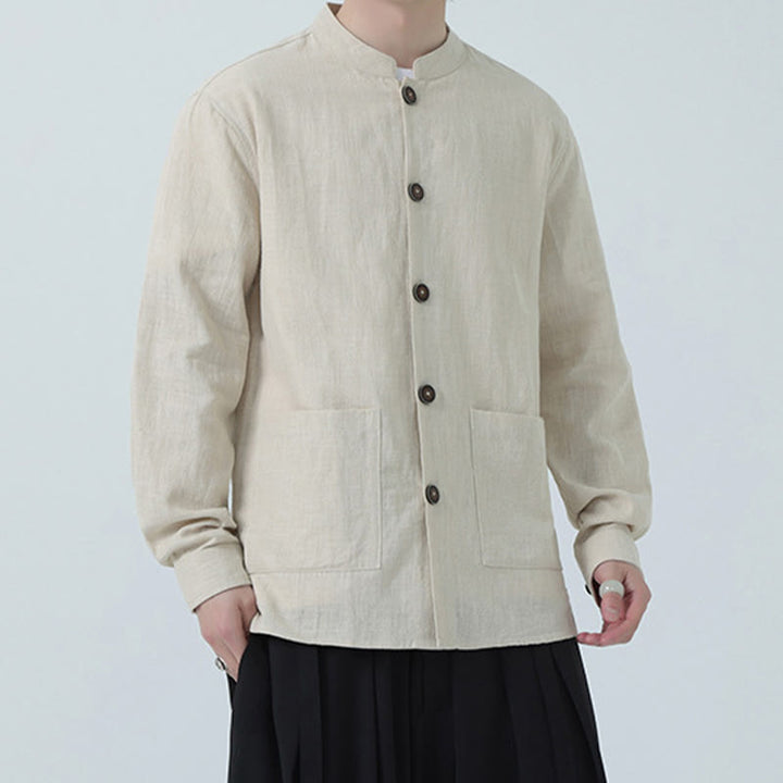 Buddha Stones Herren-Jacke mit Knopf, Ramie-Leinen, Baumwollfleece, gefüttert, mit Taschen - image 11