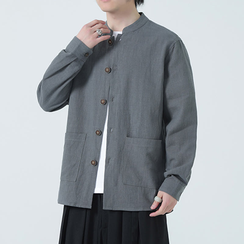 Buddha Stones Herren-Jacke mit Knopf, Ramie-Leinen, Baumwollfleece, gefüttert, mit Taschen - image 1