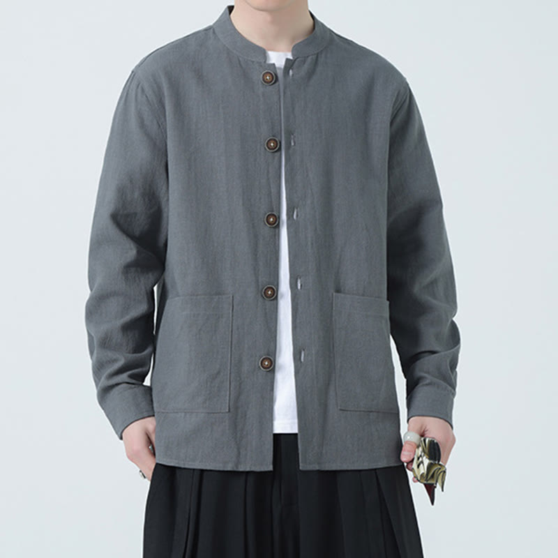 Buddha Stones Herren-Jacke mit Knopf, Ramie-Leinen, Baumwollfleece, gefüttert, mit Taschen - image 15