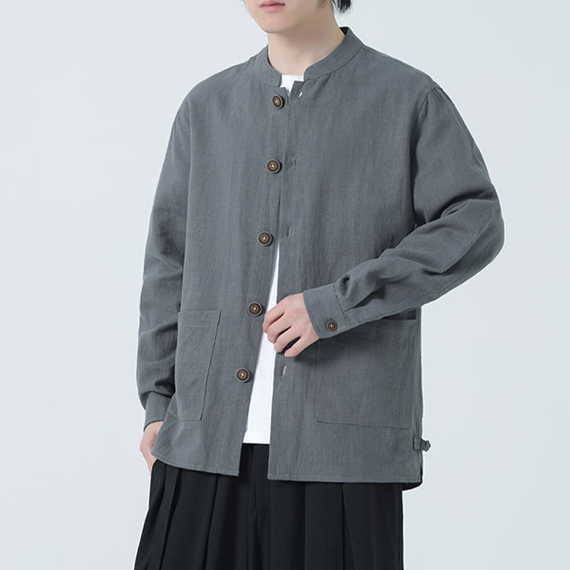 Buddha Stones Herren-Jacke mit Knopf, Ramie-Leinen, Baumwollfleece, gefüttert, mit Taschen - image 16