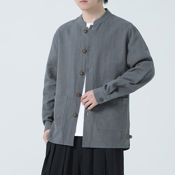 Buddha Stones Herren-Jacke mit Knopf, Ramie-Leinen, Baumwollfleece, gefüttert, mit Taschen - image 16