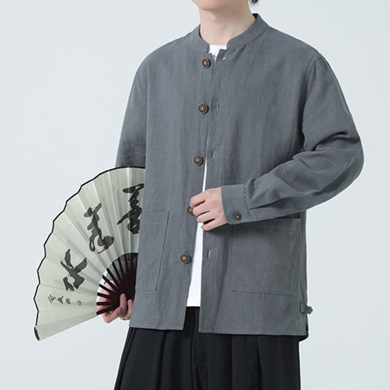 Buddha Stones Herren-Jacke mit Knopf, Ramie-Leinen, Baumwollfleece, gefüttert, mit Taschen - Grau - US/ UK/AU46，EU56 (5XL) - image 13