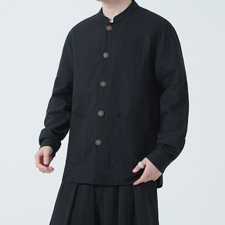 Buddha Stones Herren-Jacke mit Knopf, Ramie-Leinen, Baumwollfleece, gefüttert, mit Taschen - image 23