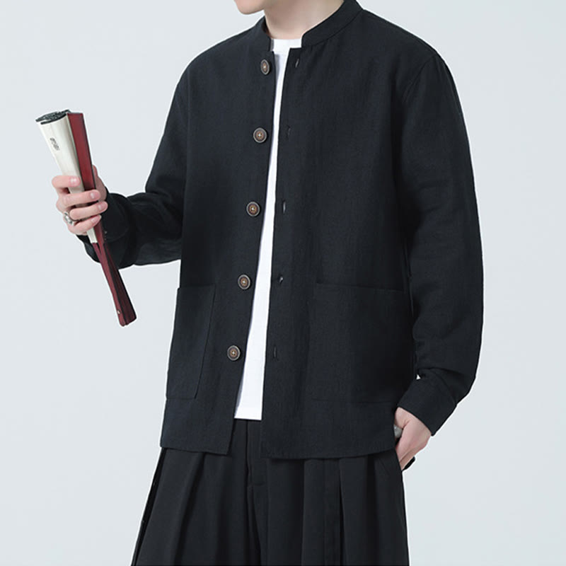 Buddha Stones Herren-Jacke mit Knopf, Ramie-Leinen, Baumwollfleece, gefüttert, mit Taschen - image 20