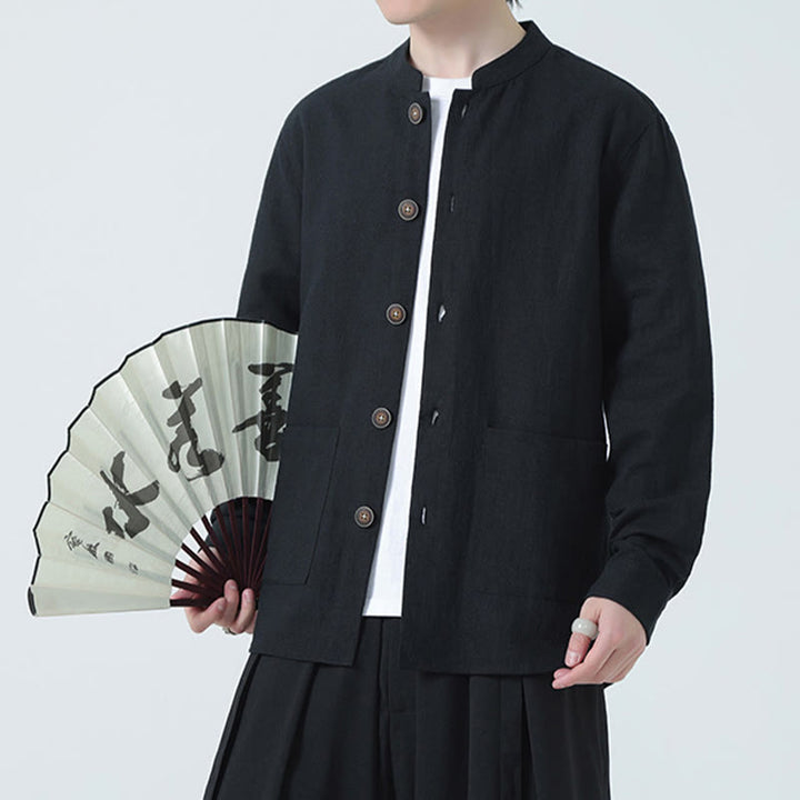 Buddha Stones Herren-Jacke mit Knopf, Ramie-Leinen, Baumwollfleece, gefüttert, mit Taschen - Schwarz - US/ UK/AU46, EU56 (5XL) - image 19