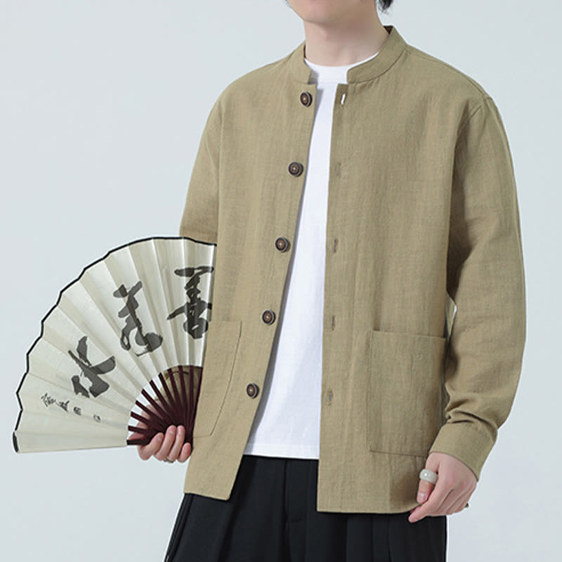 Buddha Stones Herren-Jacke mit Knopf, Ramie-Leinen, Baumwollfleece, gefüttert, mit Taschen - Blasse Goldrute - US/ UK/AU46，EU56 (5XL) - image 26