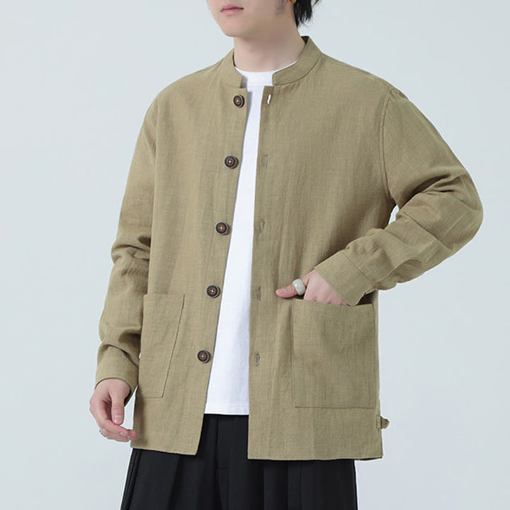 Buddha Stones Herren-Jacke mit Knopf, Ramie-Leinen, Baumwollfleece, gefüttert, mit Taschen - image 32