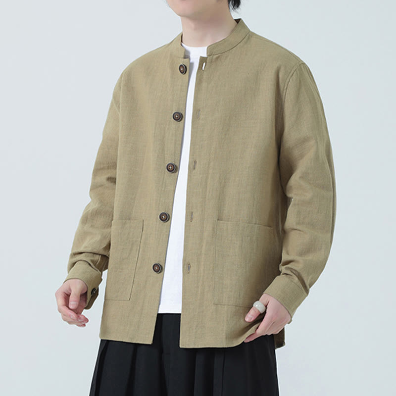 Buddha Stones Herren-Jacke mit Knopf, Ramie-Leinen, Baumwollfleece, gefüttert, mit Taschen - image 30