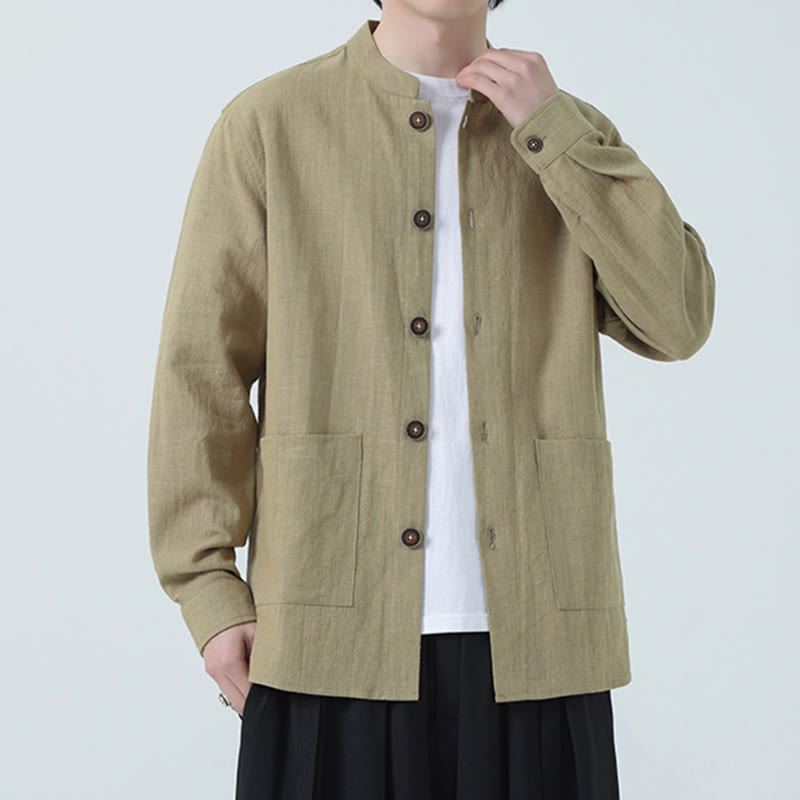 Buddha Stones Herren-Jacke mit Knopf, Ramie-Leinen, Baumwollfleece, gefüttert, mit Taschen - image 27