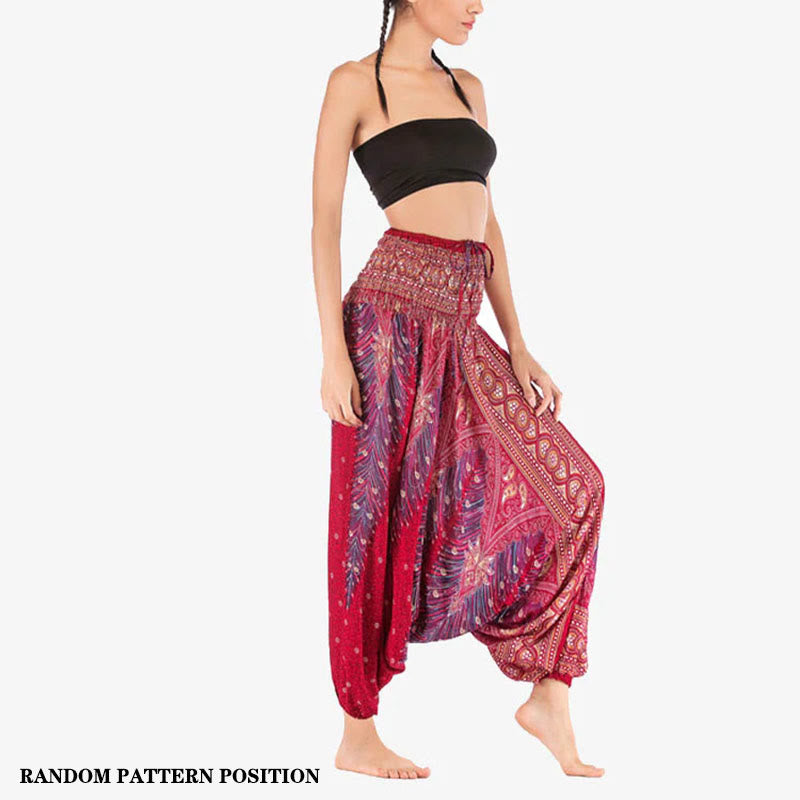 Buddha Stones Two Style Wear Federn Geometrisches Muster Lose Smocked Hose Jumpsuit Damen Yogahose - image 2