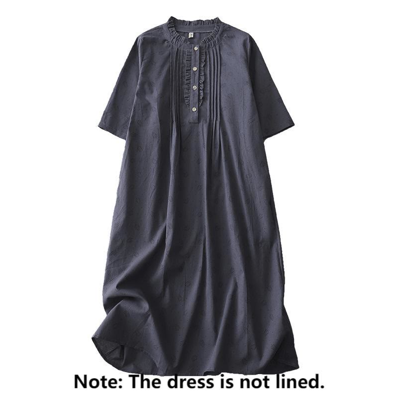 Buddha Stones Lässiges Retro-Midikleid aus Baumwolle und Leinen mit einfarbigen Knöpfen, Rüschen, Rundhalsausschnitt und kurzen Ärmeln und Taschen