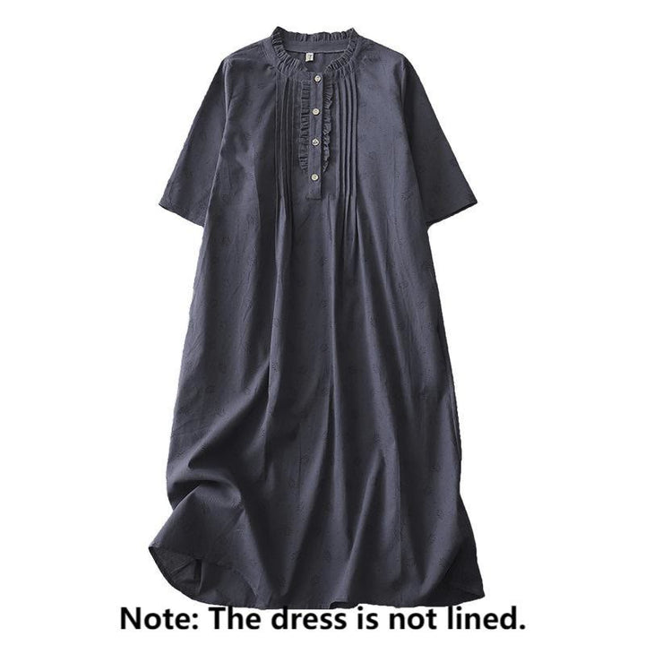 Buddha Stones Lässiges Retro-Midikleid aus Baumwolle und Leinen mit einfarbigen Knöpfen, Rüschen, Rundhalsausschnitt und kurzen Ärmeln und Taschen