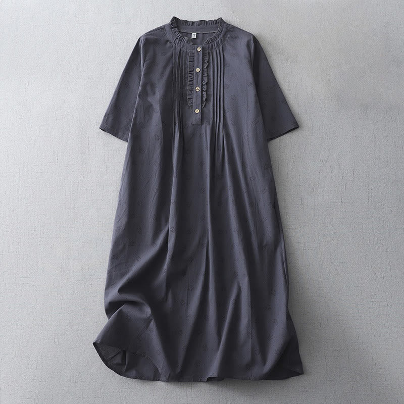 Buddha Stones Lässiges Retro-Midikleid aus Baumwolle und Leinen mit einfarbigen Knöpfen, Rüschen, Rundhalsausschnitt und kurzen Ärmeln und Taschen - Mitternachtsblau - US 8-10, UK/AU 12-14, EU 40-42 (2XL) - image 0