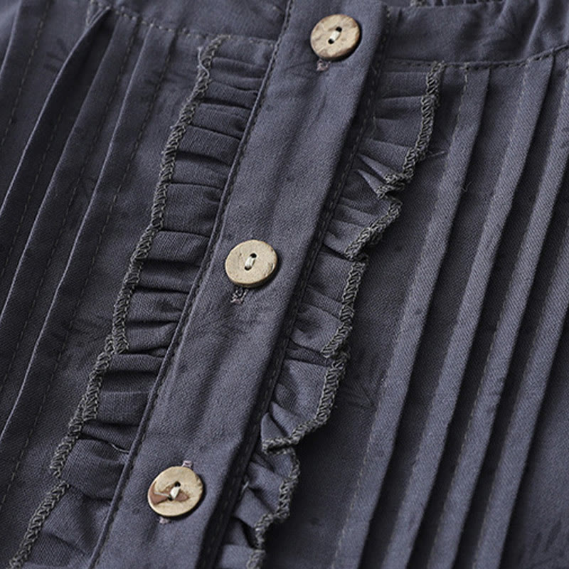 Buddha Stones Lässiges Retro-Midikleid aus Baumwolle und Leinen mit einfarbigen Knöpfen, Rüschen, Rundhalsausschnitt und kurzen Ärmeln und Taschen