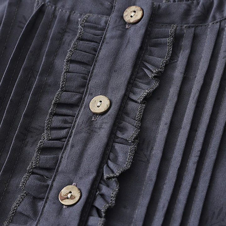 Buddha Stones Lässiges Retro-Midikleid aus Baumwolle und Leinen mit einfarbigen Knöpfen, Rüschen, Rundhalsausschnitt und kurzen Ärmeln und Taschen