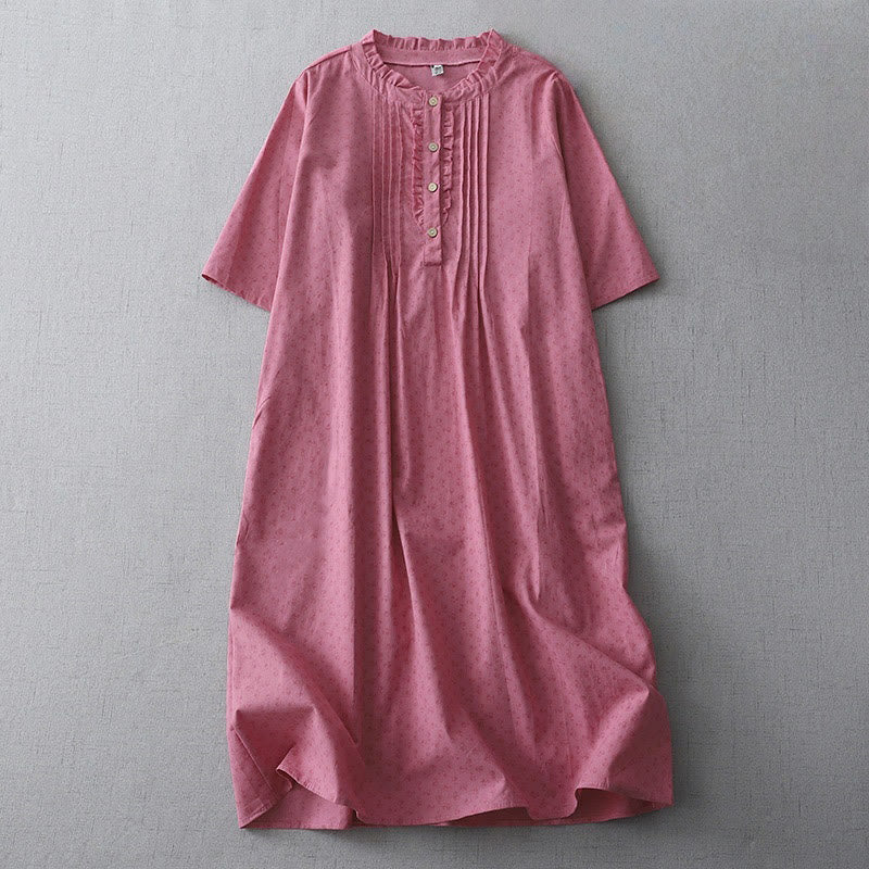 Buddha Stones Lässiges Retro-Midikleid aus Baumwolle und Leinen mit einfarbigen Knöpfen, Rüschen, Rundhalsausschnitt und kurzen Ärmeln und Taschen