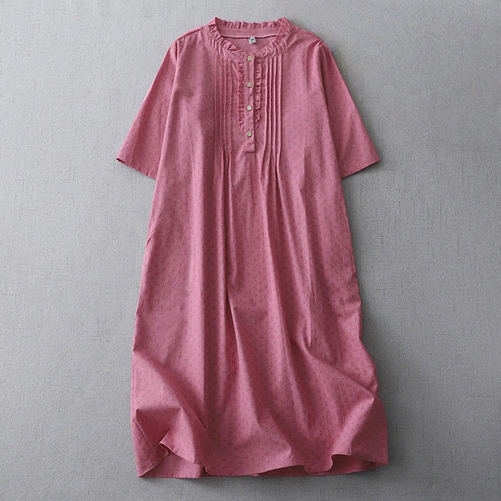 Buddha Stones Lässiges Retro-Midikleid aus Baumwolle und Leinen mit einfarbigen Knöpfen, Rüschen, Rundhalsausschnitt und kurzen Ärmeln und Taschen