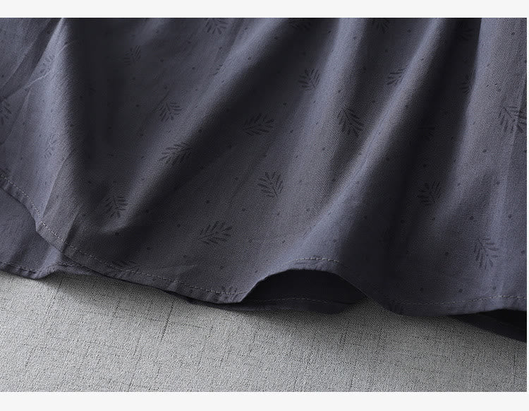 Buddha Stones Lässiges Retro-Midikleid aus Baumwolle und Leinen mit einfarbigen Knöpfen, Rüschen, Rundhalsausschnitt und kurzen Ärmeln und Taschen