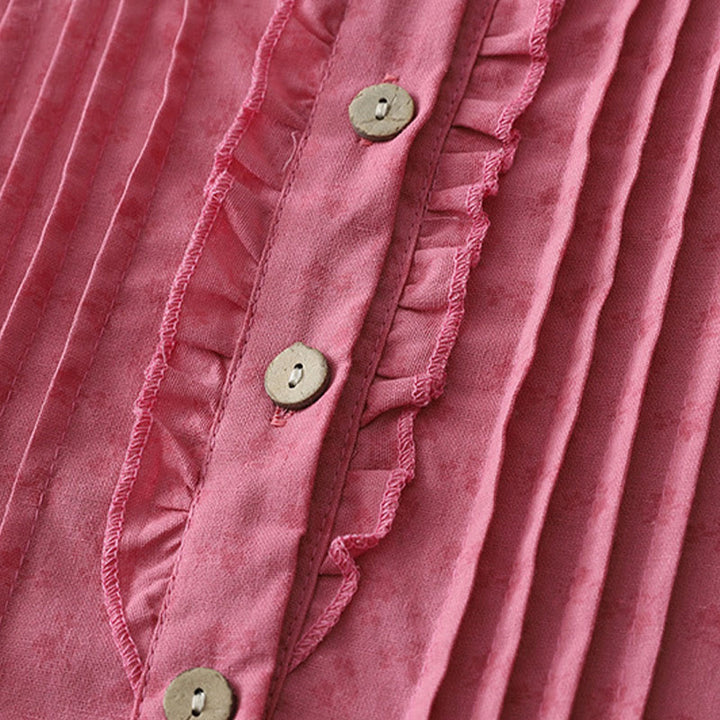 Buddha Stones Lässiges Retro-Midikleid aus Baumwolle und Leinen mit einfarbigen Knöpfen, Rüschen, Rundhalsausschnitt und kurzen Ärmeln und Taschen
