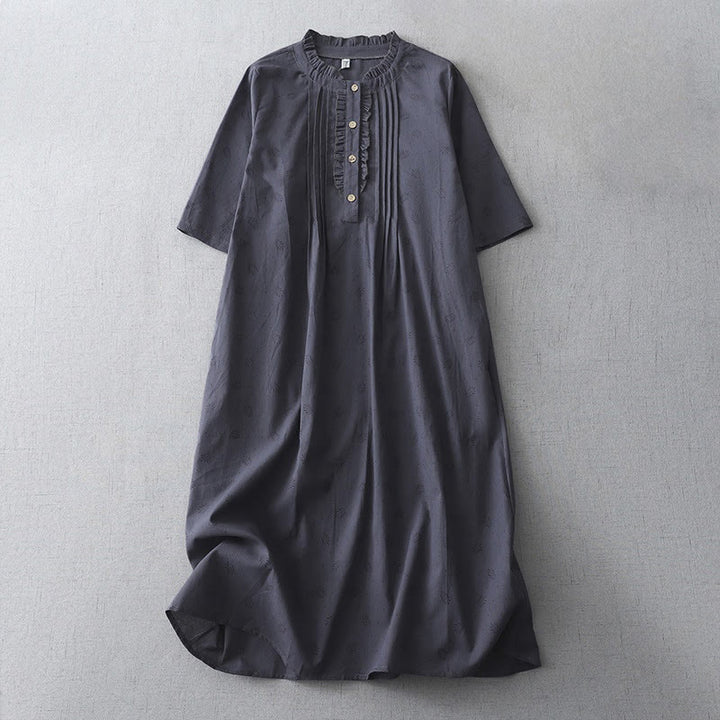 Buddha Stones Lässiges Retro-Midikleid aus Baumwolle und Leinen mit einfarbigen Knöpfen, Rüschen, Rundhalsausschnitt und kurzen Ärmeln und Taschen