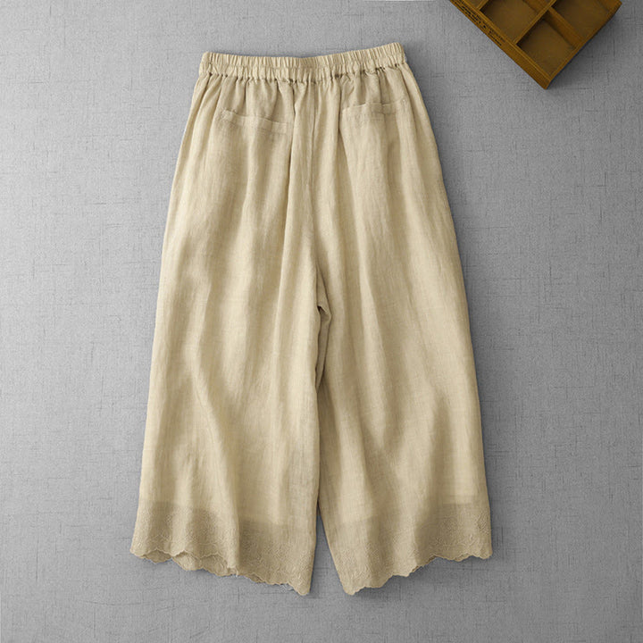 Buddha Stones Commute Einfarbige Spitzenstickerei-Design Baumwolle Damen Weite Beinhose mit Taschen - Blasse Goldrute - US8-10， UK/AU12-14，EU40-42 (2XL) - image 14
