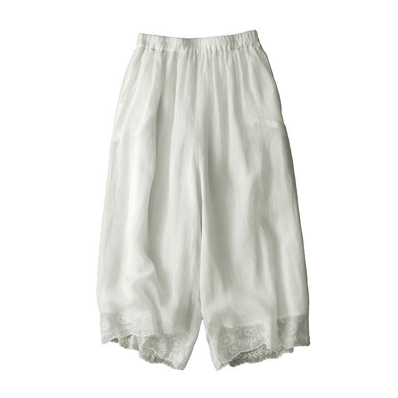 Buddha Stones Commute Einfarbige Spitzenstickerei-Design Baumwolle Damen Weite Beinhose mit Taschen - image 7