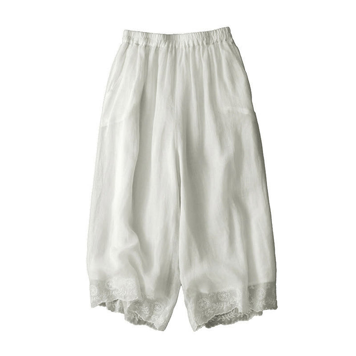 Buddha Stones Commute Einfarbige Spitzenstickerei-Design Baumwolle Damen Weite Beinhose mit Taschen - image 7
