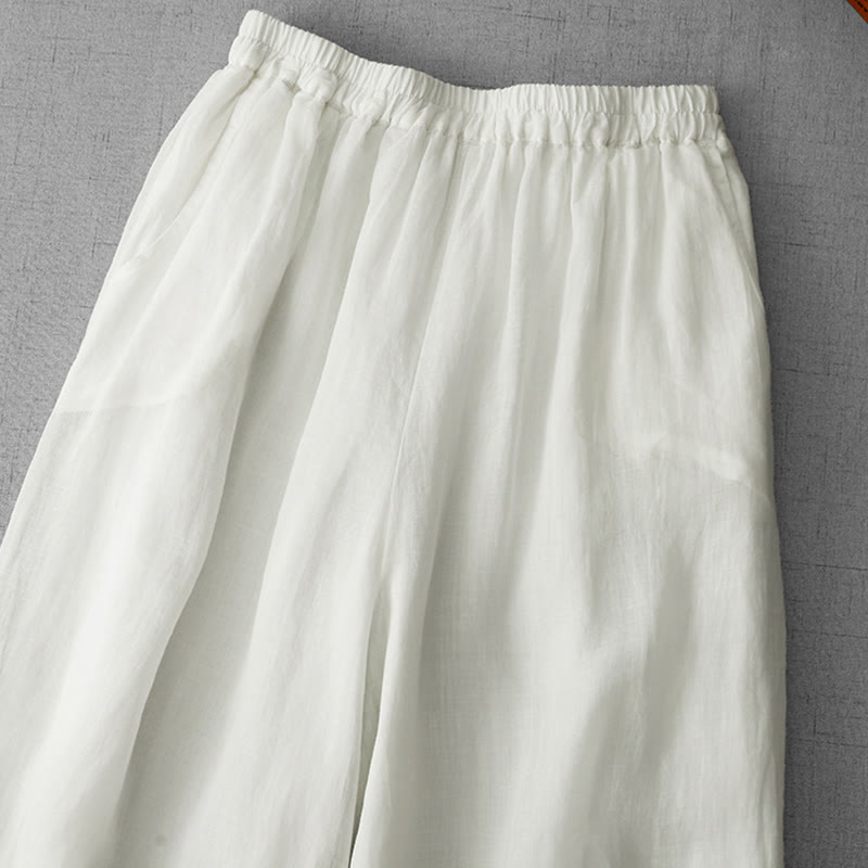 Buddha Stones Commute Einfarbige Spitzenstickerei-Design Baumwolle Damen Weite Beinhose mit Taschen - image 1