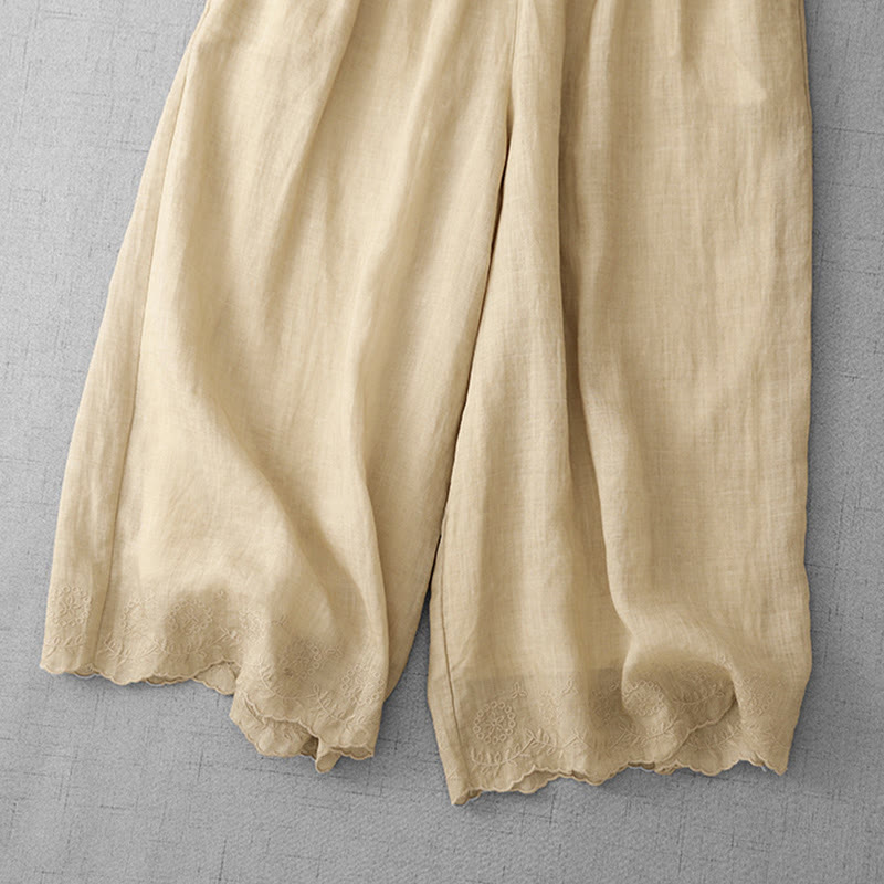Buddha Stones Commute Einfarbige Spitzenstickerei-Design Baumwolle Damen Weite Beinhose mit Taschen - image 20