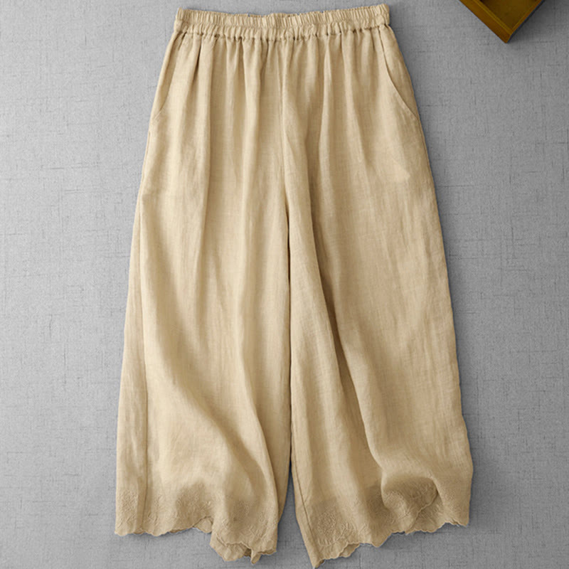 Buddha Stones Commute Einfarbige Spitzenstickerei-Design Baumwolle Damen Weite Beinhose mit Taschen - image 15